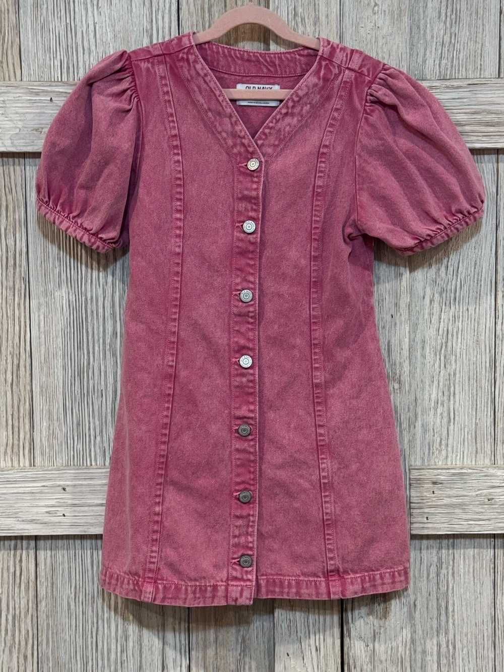 Old Navy Rose-Pink Button Front Puff Sleeve Denim Dress Sz 10/12 NWOT